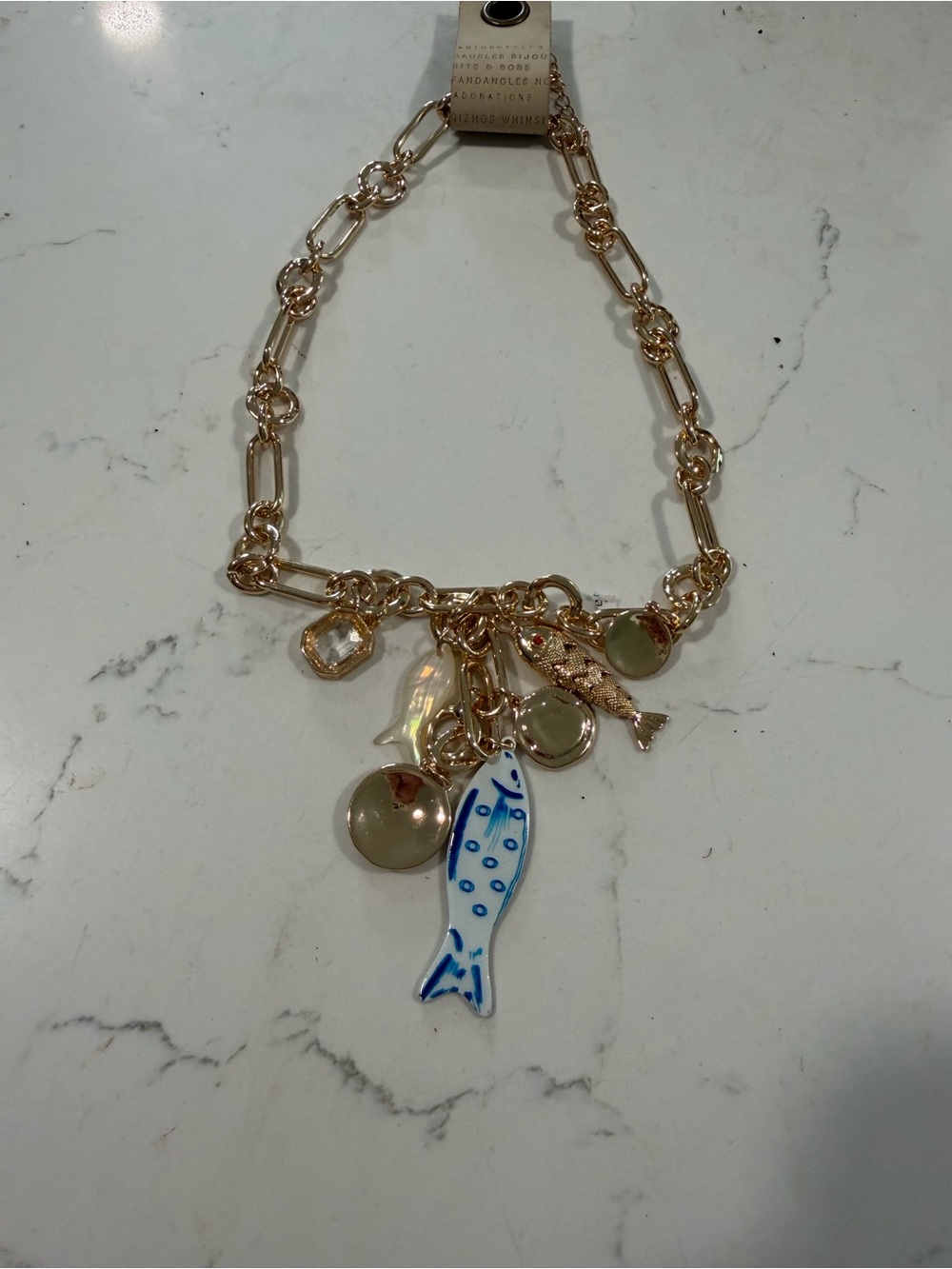 Anthropologie Gold-Tone Charm Necklace with Blue & White Fish
